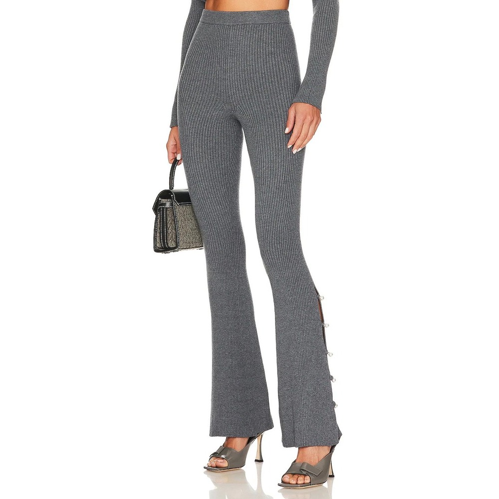 MAJORELLE Gray Ribbed Edna Knit Flare Pants Pearl Button Side Slit Womens Size S